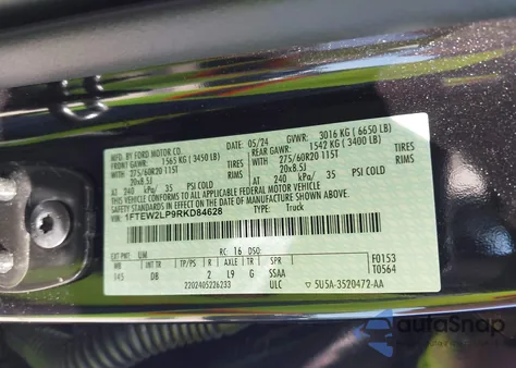 2024 Ford F-150 Stx z USA, uszkodzony, nr VIN 1FTEW2LP9RKD84628